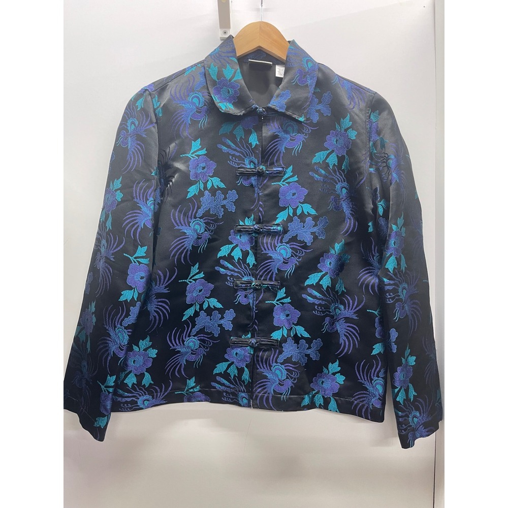 Chicos Silk Blend Jacquard Floral Phoenix Frog Closure Jacket Black Teal Size 0
